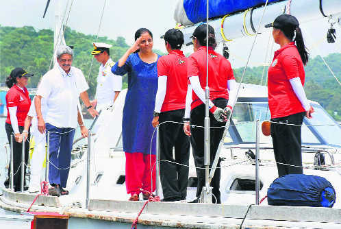All-women crew sailboat of Indian Navy docks at UK island