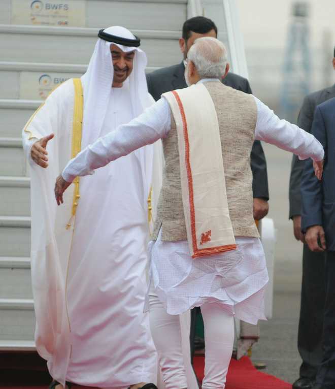 Modi receives Abu Dhabi Crown Prince at airport