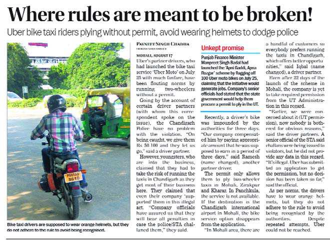 Uber bike taxis still plying illegally in Chandigarh
