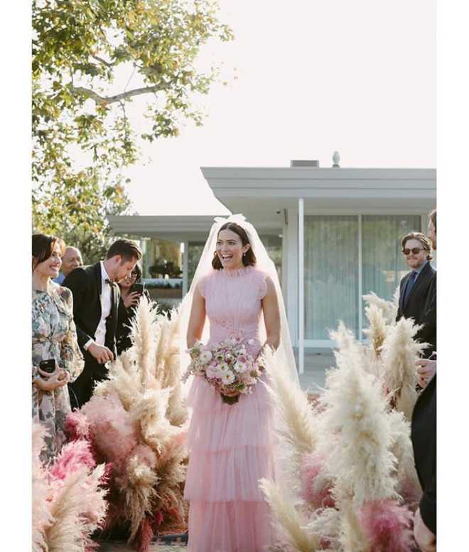 Mandy Moore gets married in a pink wedding dress