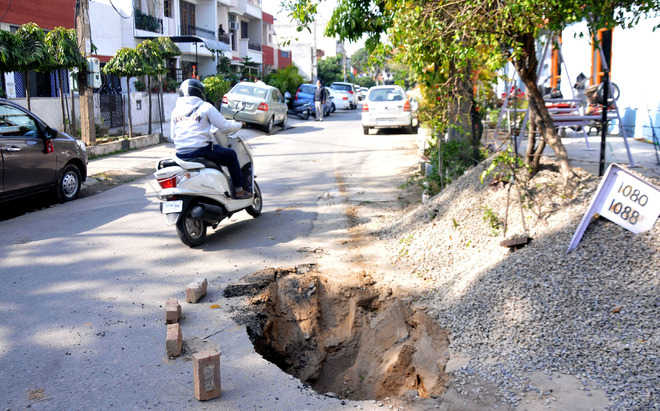 Portion of road caves in at Mohali
