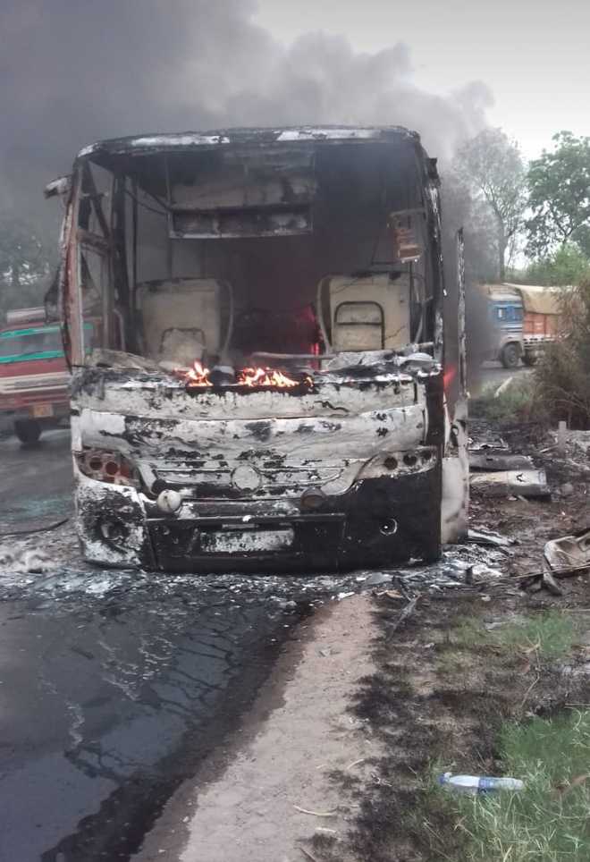 Tourist bus catches fire