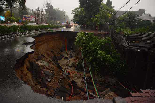 Section of Mall Road in Amritsar caves in after heavy rain