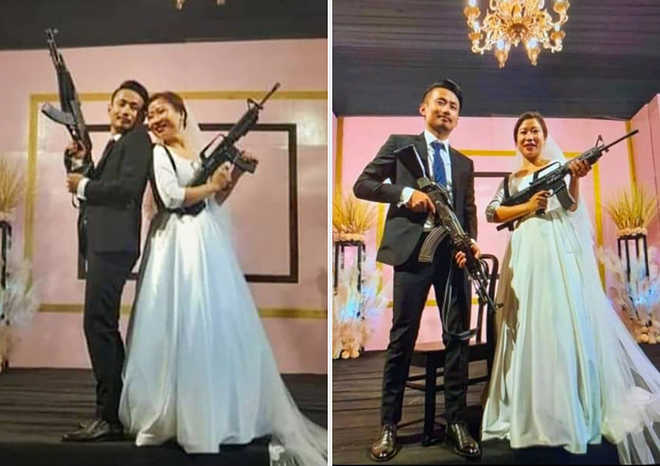 Newly-married couple arrested for brandishing firearms at reception