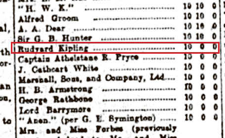 Rudyard Kipling gave £10 for Dyer fund