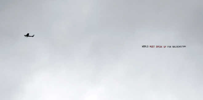 Plane with banner in support of Balochistan flies over Edgbaston