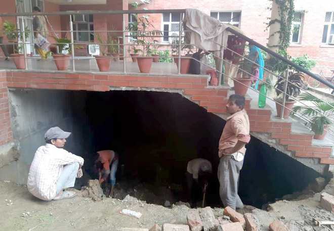 Portion under stairs caves in at civic body office